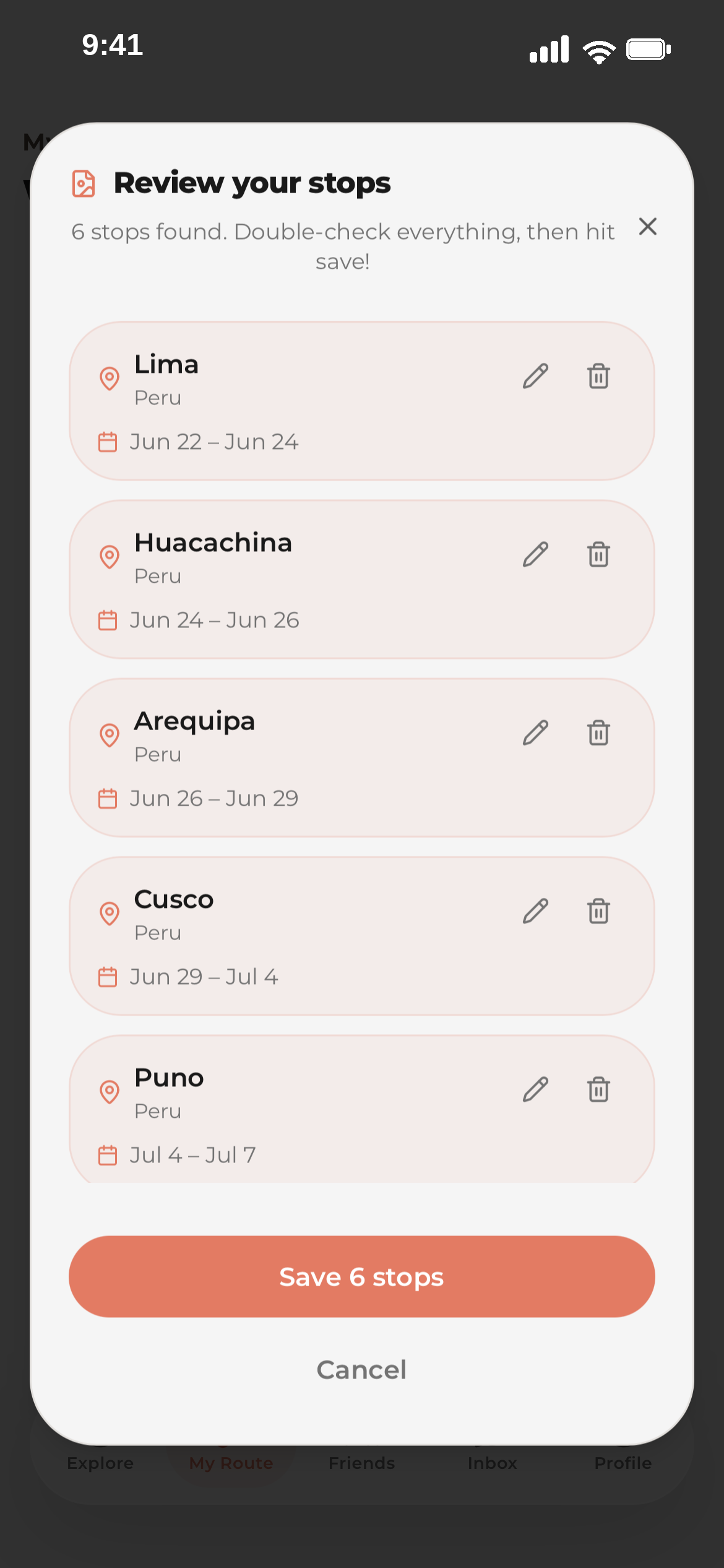 The Crosser review screen showing stops and dates read from an imported itinerary