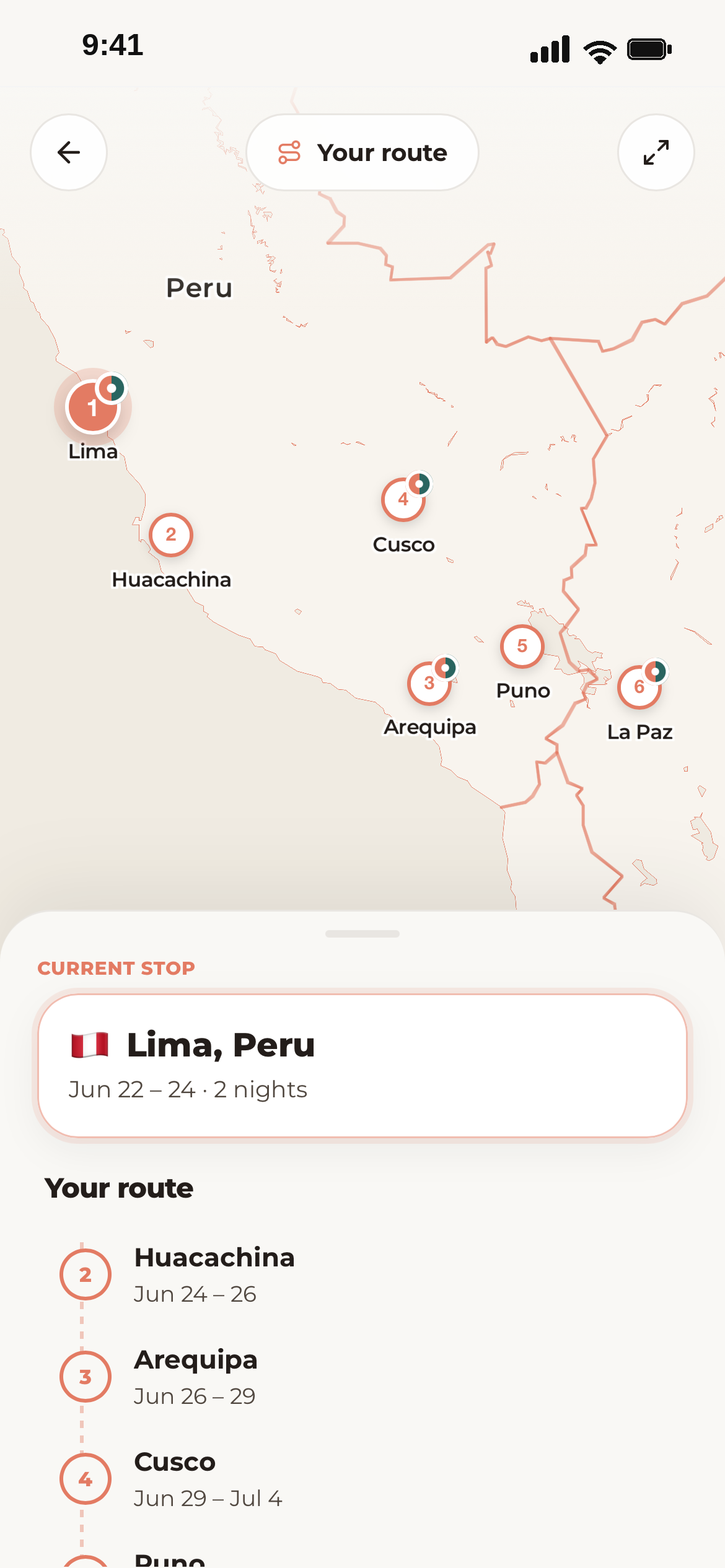 A Crosser map of a route through Peru, with each stop numbered and crossovers marked